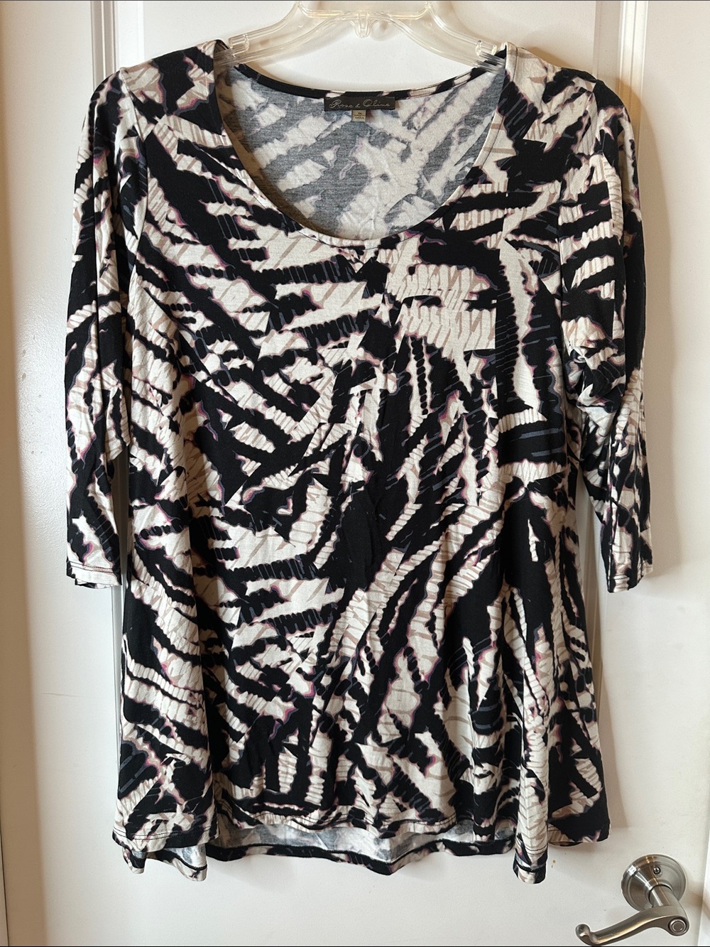 Rose & Olive Black, Cream & Pink Abstract Scoop Neck with 3/4 Inch sleeves